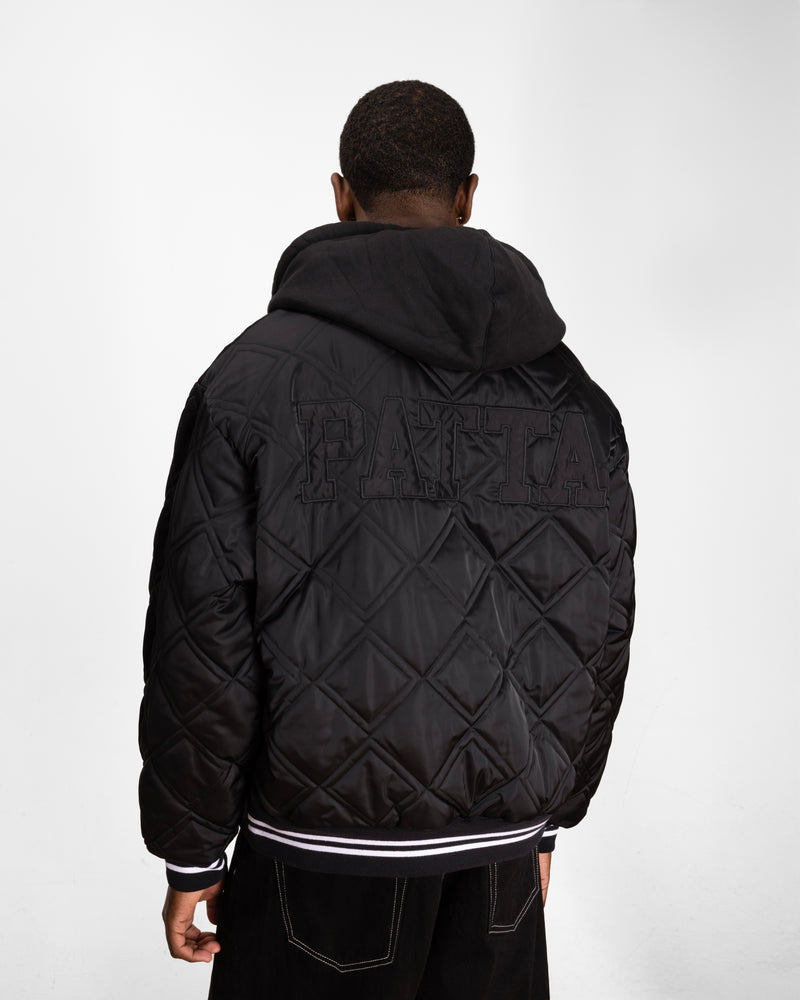 close up model shot showing the back side of the model and showcasing the quitled paneling and embossed patta branding.