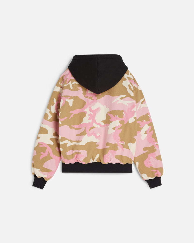 back image of the allover camo side of the reverisble woodland camo bomber jacket. 