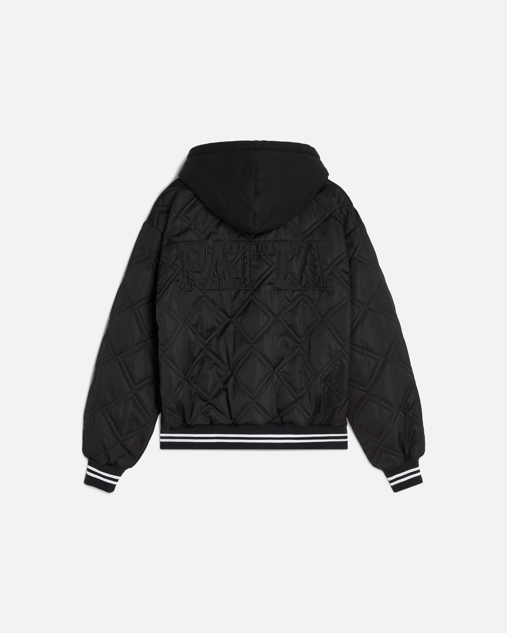 back image of the black side of the reversible woodland camo bomber. showing the quilted pattern and the debossed Patta branding on the back