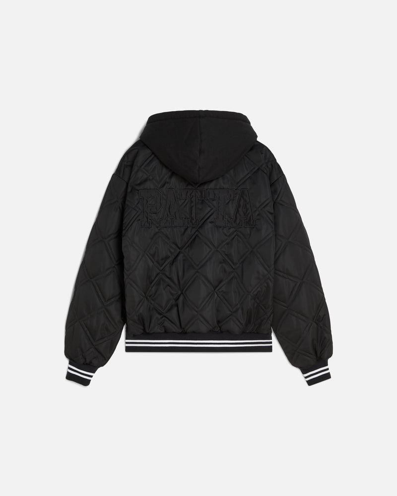 back image of the black side of the reversible woodland camo bomber. showing the quilted pattern and the debossed Patta branding on the back