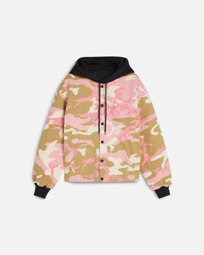front image of the allover camo side of the reverisble woodland camo bomber jacket. 