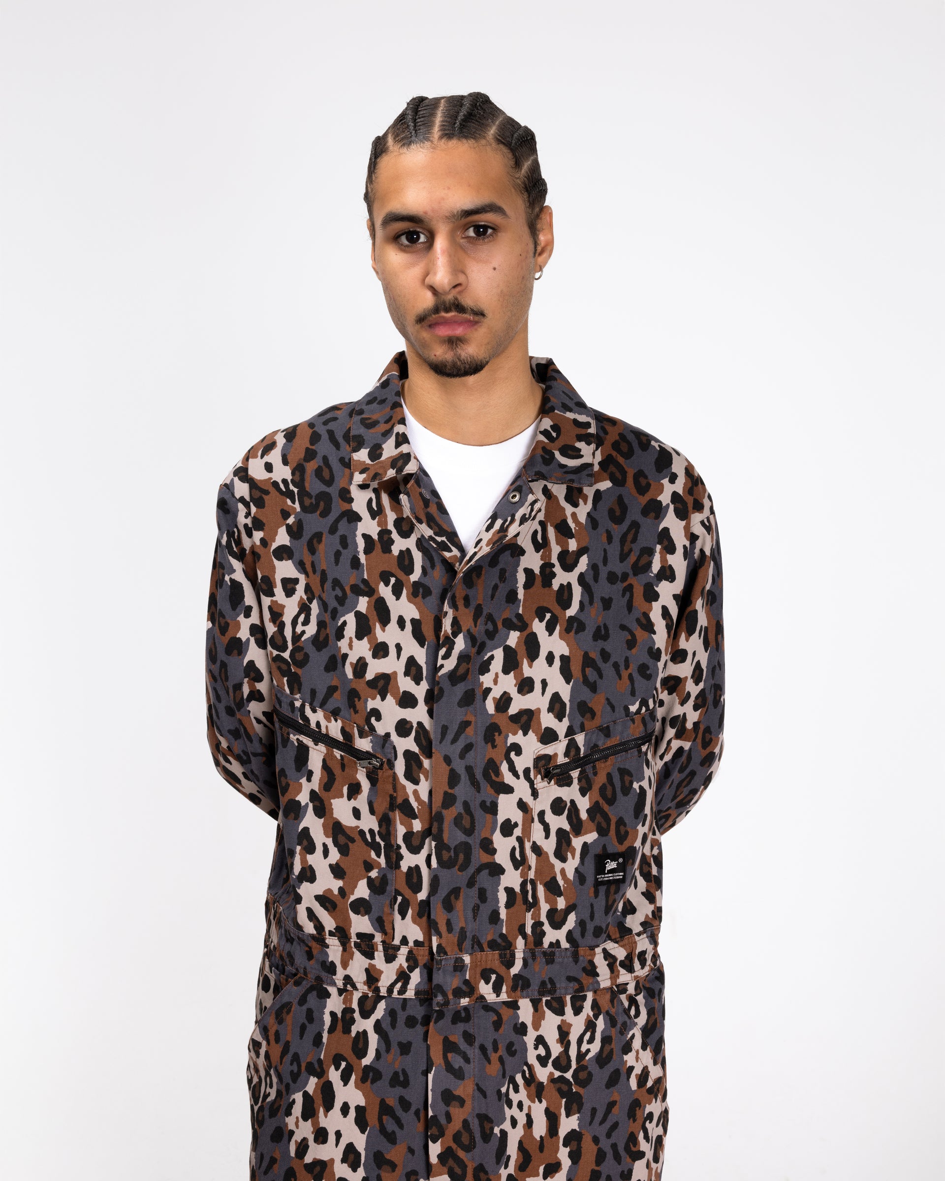 close up model shot of the leopard boiler suit