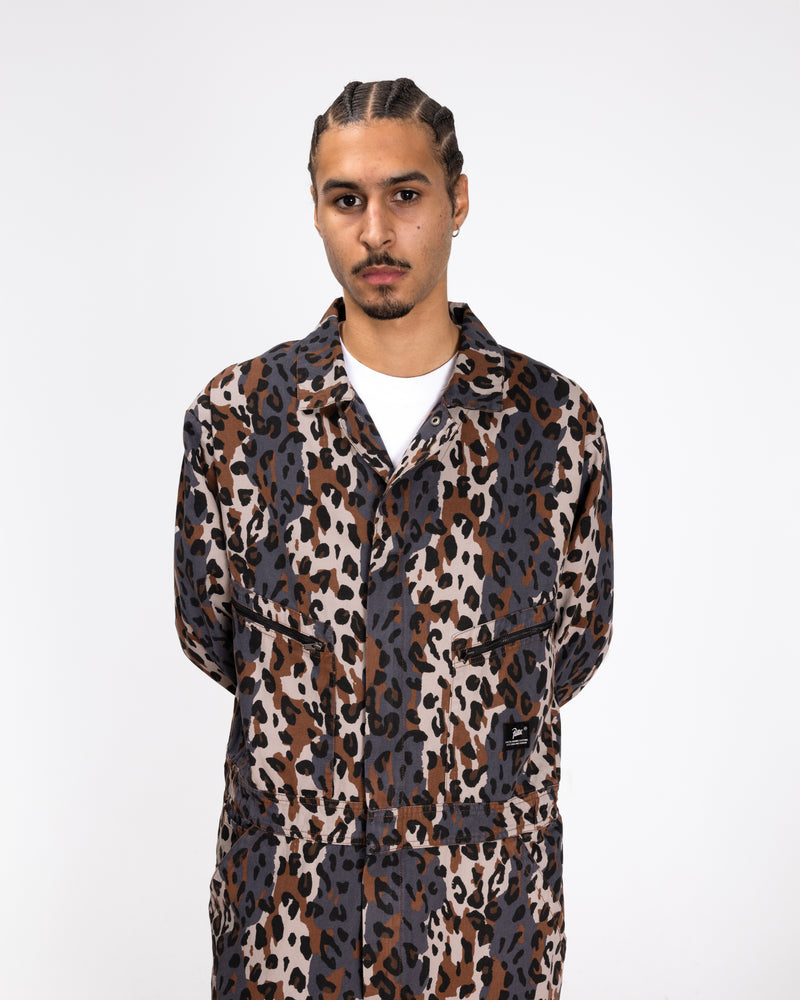 close up model shot of the leopard boiler suit