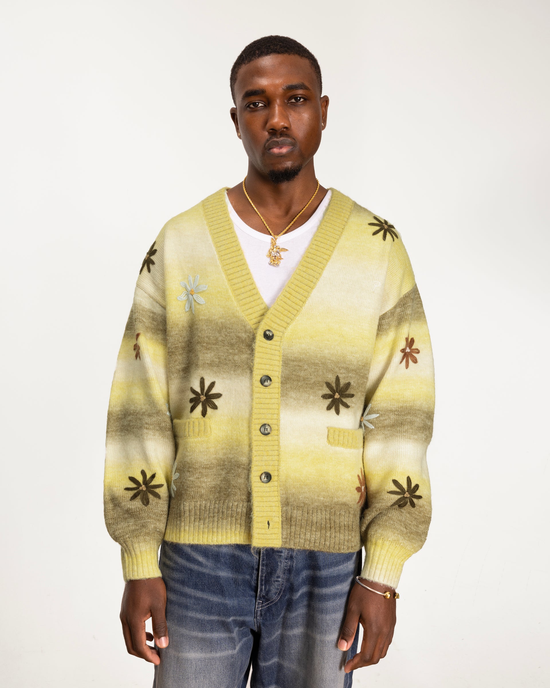 close up model shot of the Peace & Love Knitted Cardigan